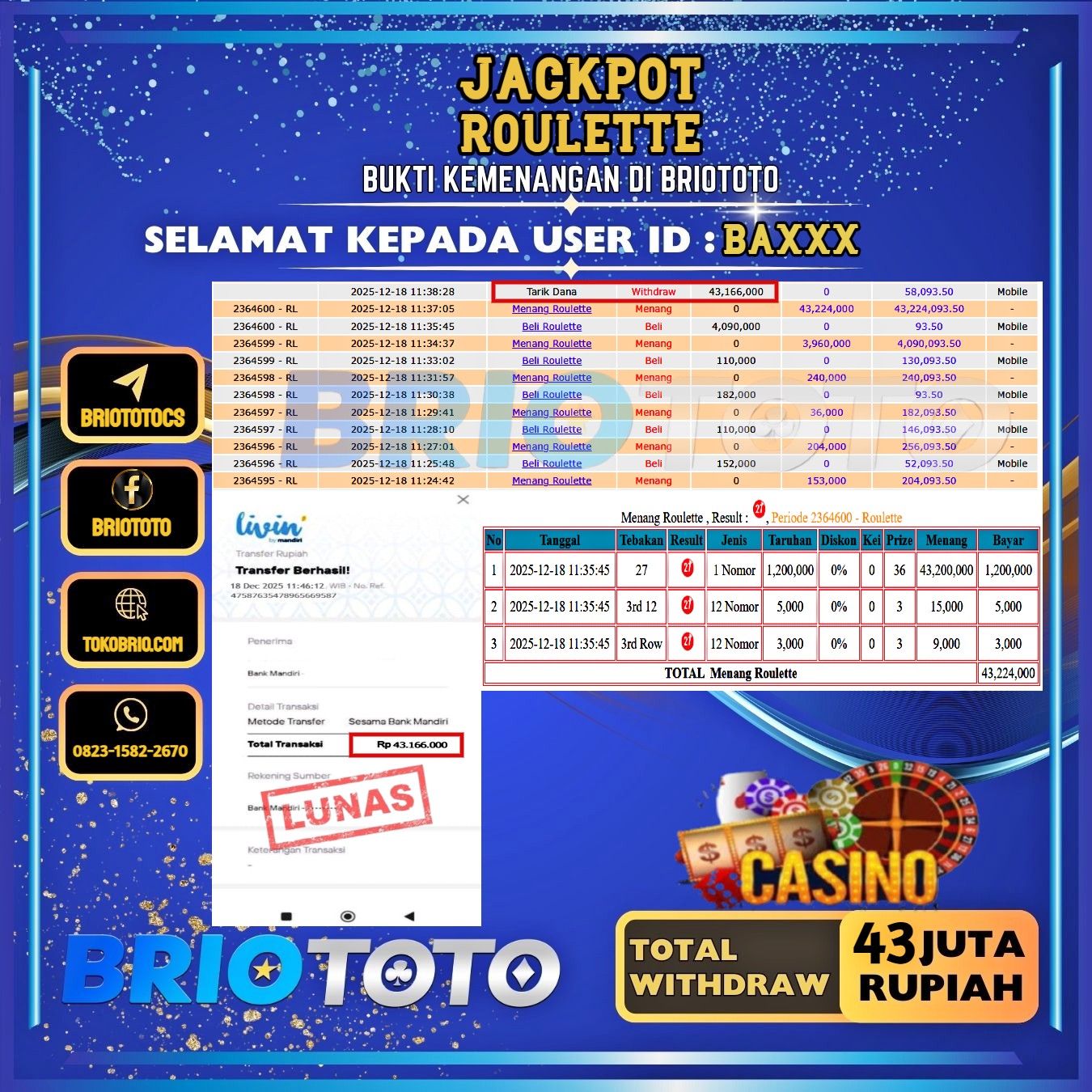 BRIOTOTO JACKPOT LIVE GAME ROULETTE RP.43.000.000,- LUNAS USER ID : BA****