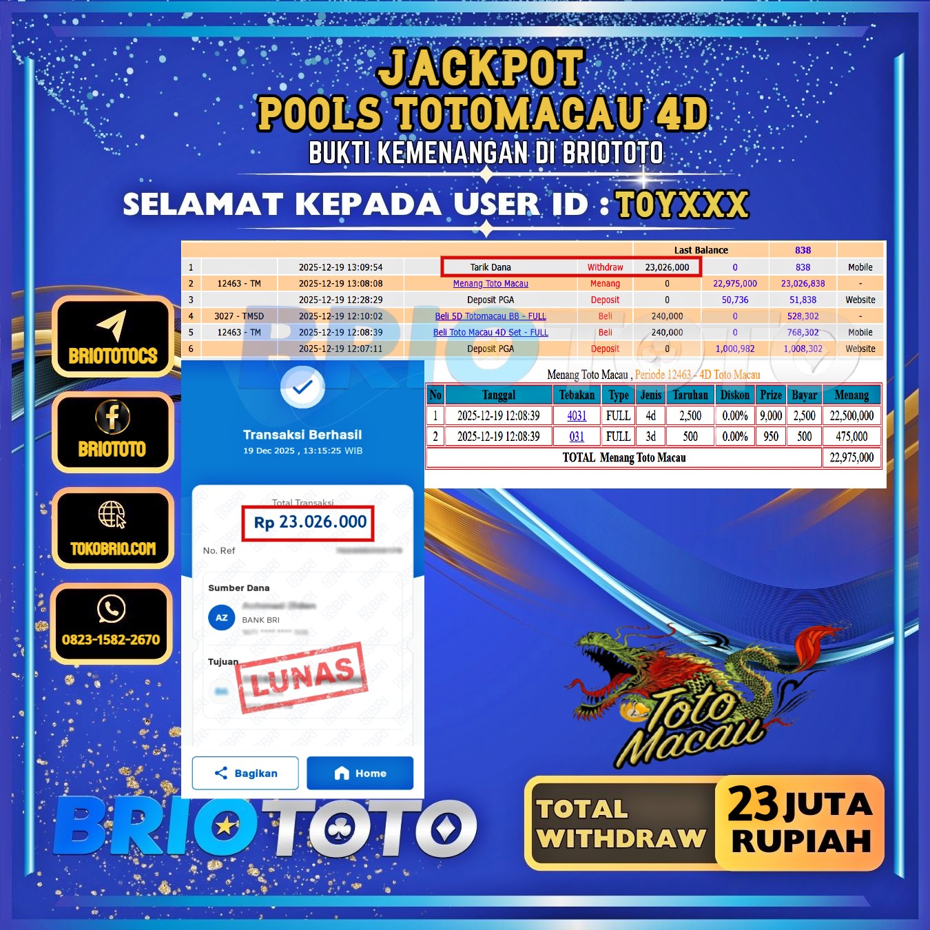 BRIOTOTO JACKPOT TOGEL TOTOMACAU 4D RP.23.000.000,- LUNAS USER ID : TOY****