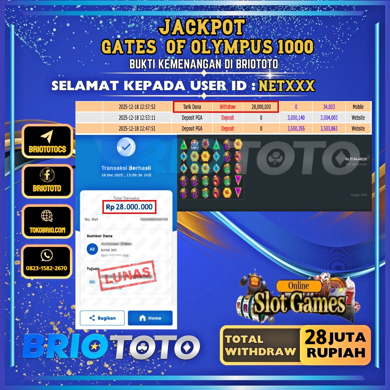 BRIOTOTO JACKPOT SLOT GATES OF OLYMPUS 1000 RP.28.000.000,- LUNAS USER ID : NET****