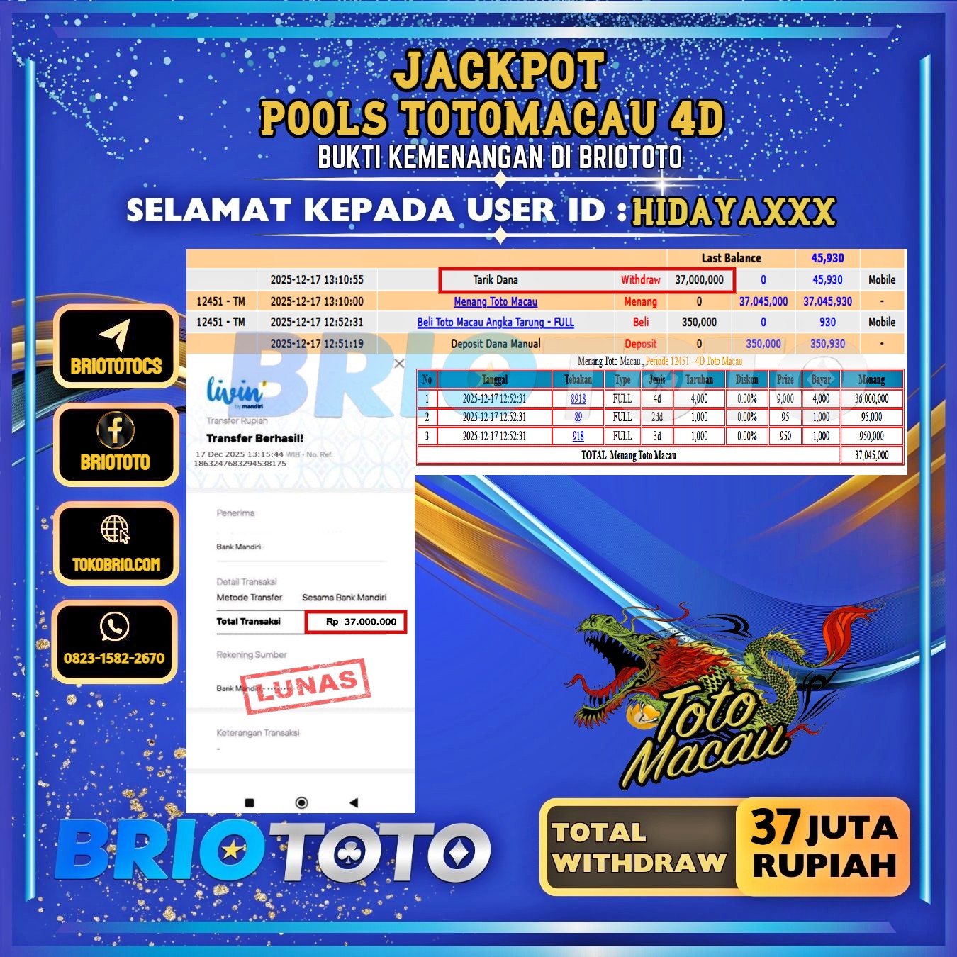 BRIOTOTO JACKPOT TOGEL TOTOMACAU 4D RP.37.000.000,- LUNAS USER ID : HIDAYA****