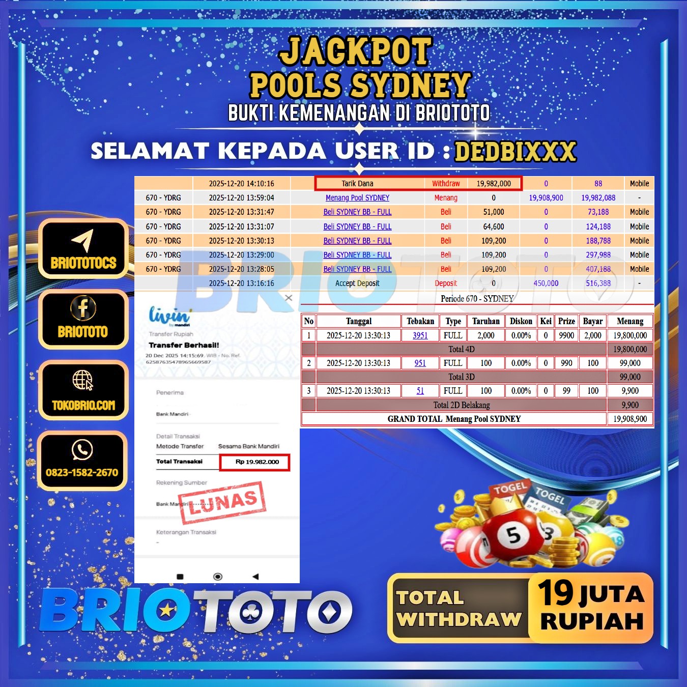 BRIOTOTO JACKPOT TOGEL SYDNEY RP.19.000.000,- LUNAS USER ID : DEDBI*****